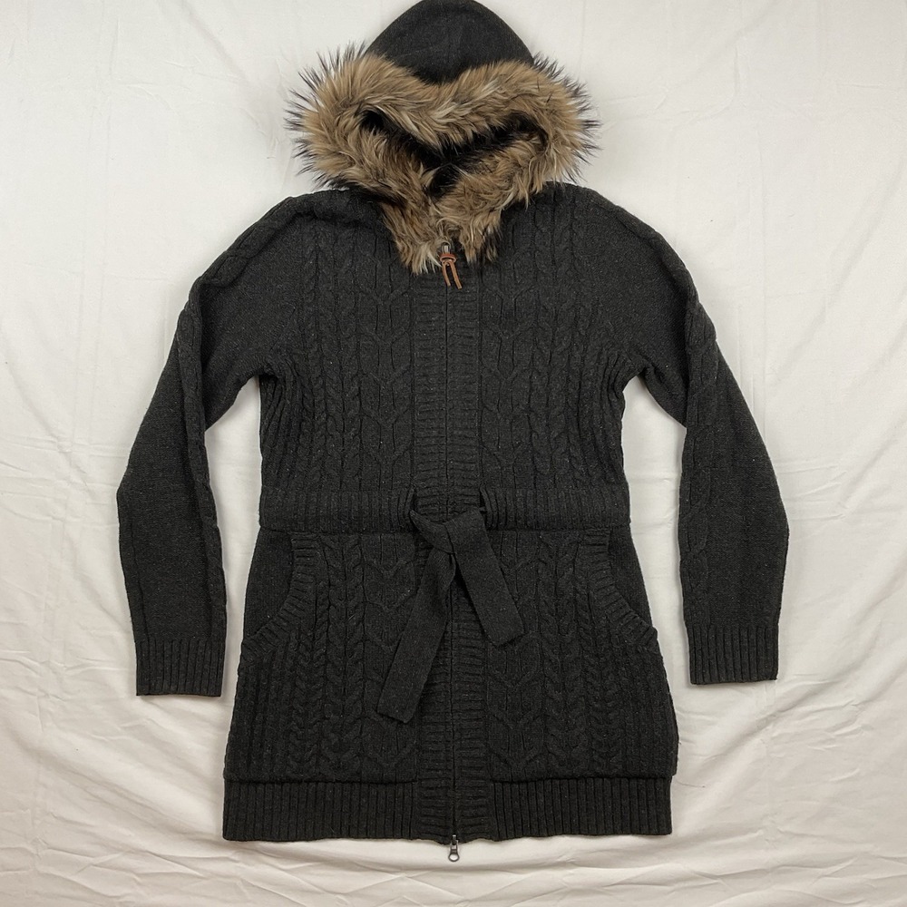 Woolrich Womens Hooded Sweater Belted Cable Knit‎ Faux Fur Trim Medium